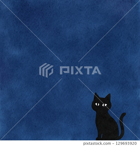 Watercolor Halloween background: Black cat sitting in the night sky. Illustration material Watercolor Halloween background: Black cat sitting in the night sky. Illustration material 129693920