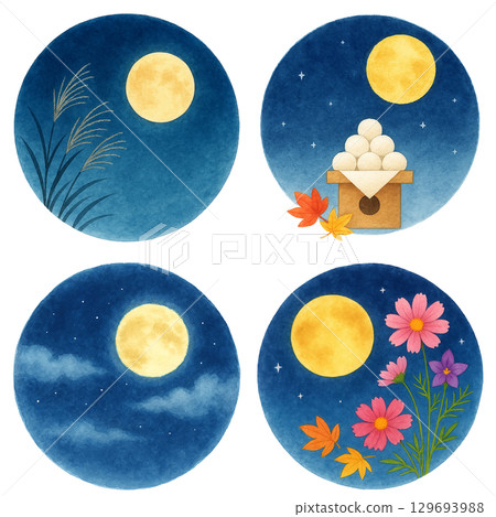 水彩賞月插畫集:滿月、蒲葦、團子、波斯菊、秋夜空。插畫素材 水彩賞月插畫集:滿月、蒲葦、團子、波斯菊、秋夜空。插畫素材 129693988