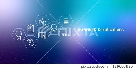 Awards and Certifications web header image icons related to achievement and recognition medal ribbon certificate concept of company achievements accreditations or quality standards 129693989
