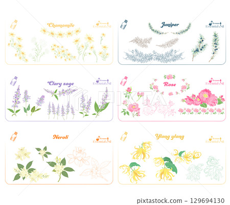 洋甘菊、快樂鼠尾草、橙花油、杜松油、玫瑰油和依蘭油的精油插圖 129694130