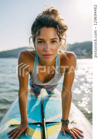 Close-up of young Hispanic woman doing yoga on paddle board at sunrise on calm lake surrounded by hills 129694462