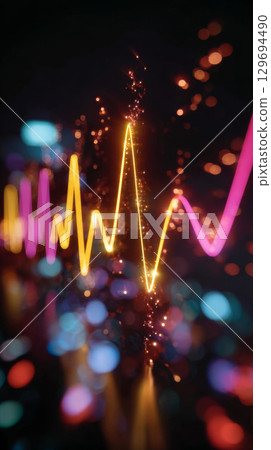 Stylized vibrant sound wave visualized with glowing electric curves and bokeh lights in motion 129694490