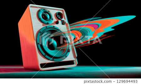 Side view of modern speaker emitting colorful abstract sound waves in digital artistic style 129694493