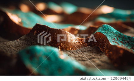 Extreme macro close-up of textured sound wave surface with turquoise and bronze lighting Extreme macro close-up of textured sound wave surface with turquoise and bronze lighting 129694494