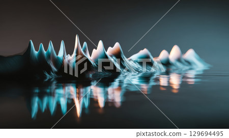 Extreme close-up of stylized audio waveform forming mountain-like peaks with soft glow 129694495