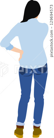 Illustration of a woman facing backwards wearing autumn/winter clothes Illustration of a woman facing backwards wearing autumn/winter clothes 129694573