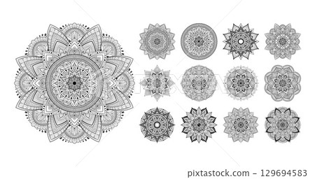 Mandala coloring set for adults, calming the mind, creativity and meditation. Vector black and white illustration, set of detailed elements for design. Mandala coloring set for adults, calming the mind, creativity and meditation. Vector black and white illustration, set of detailed elements for design. 129694583