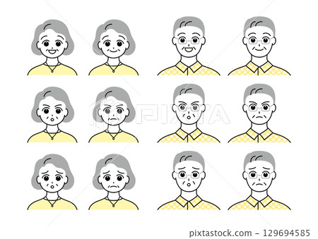 一組具有各種面部表情的老年男性和女性插圖 129694585