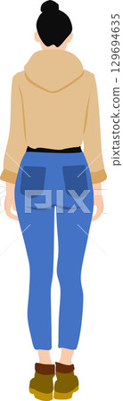 Illustration of a woman facing backwards wearing autumn/winter clothes Illustration of a woman facing backwards wearing autumn/winter clothes 129694635