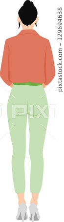 Illustration of a woman facing backwards wearing autumn/winter clothes Illustration of a woman facing backwards wearing autumn/winter clothes 129694638