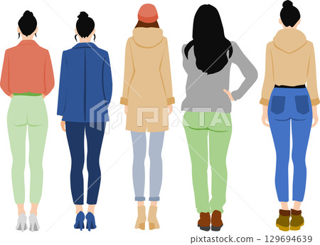 一位身穿秋冬服裝、面向後方的女性的插圖 129694639