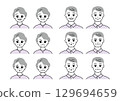 一組具有各種面部表情的老年男性和女性插圖 129694659