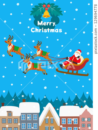 Christmas material: Reindeer and Santa Claus walking through a snowy town Christmas material: Reindeer and Santa Claus walking through a snowy town 129694778