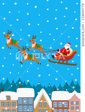 Christmas material: Reindeer and Santa Claus walking through a snowy town 129694779