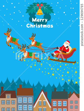 Christmas material: Reindeer and Santa Claus walking through town, night sky, sparkling 129694785