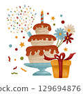 Festive watercolor composition in autumn colors: cake, candle, flowers, gifts, confetti. For design in printing, children's prints, and decorations 129694876