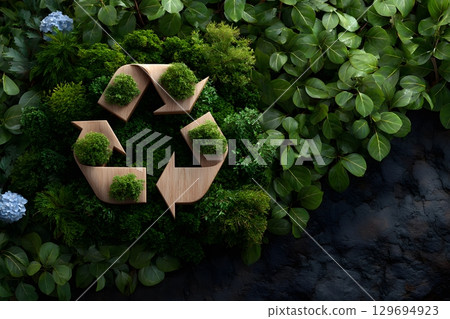 A natural wooden recycle sign featuring green moss is nestled among lush plants and vibrant leaves, symbolizing environmental care. A natural wooden recycle sign featuring green moss is nestled among lush plants and vibrant leaves, symbolizing environmental care. 129694923