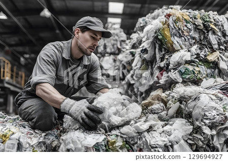 A person actively processes mountains of sorted plastic waste inside a large industrial building, preparing materials for future recycling and reuse. A person actively processes mountains of sorted plastic waste inside a large industrial building, preparing materials for future recycling and reuse. 129694927