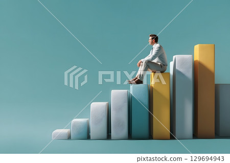 A calm individual sits on top of a colorful rising bar chart, symbolizing strategic business growth, financial progress, and future success planning. A calm individual sits on top of a colorful rising bar chart, symbolizing strategic business growth, financial progress, and future success planning. 129694943