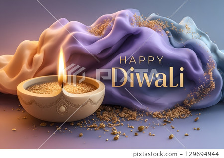A traditional diya lamp glows, casting warm light on elegant flowing fabric adorned with festive golden glitter, perfect for Diwali celebrations. A traditional diya lamp glows, casting warm light on elegant flowing fabric adorned with festive golden glitter, perfect for Diwali celebrations. 129694944