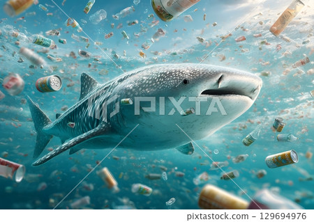 A majestic whale shark swims underwater through vast amounts of plastic waste, clearly showing how plastic harms the world. 129694976