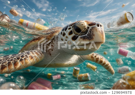A sea turtle navigates the ocean, surrounded by harmful plastic debris, clearly illustrating plastic's impact on the aquatic world. A sea turtle navigates the ocean, surrounded by harmful plastic debris, clearly illustrating plastic's impact on the aquatic world. 129694978