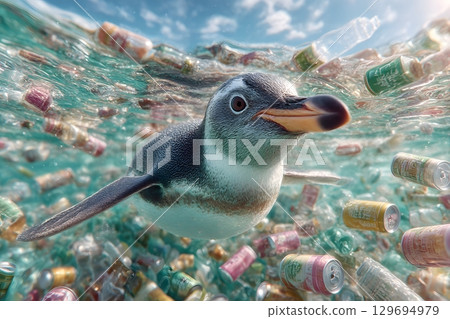 A penguin swims in water filled with plastic bottles and cans, showing how waste harms the natural world and ocean life. A penguin swims in water filled with plastic bottles and cans, showing how waste harms the natural world and ocean life. 129694979