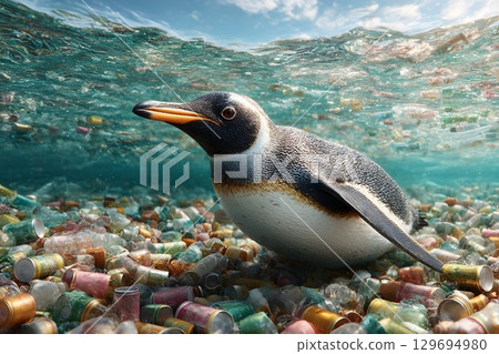 A penguin floats in a marine world visibly harmed by extensive plastic pollution, showing the world's environment impacted. A penguin floats in a marine world visibly harmed by extensive plastic pollution, showing the world's environment impacted. 129694980