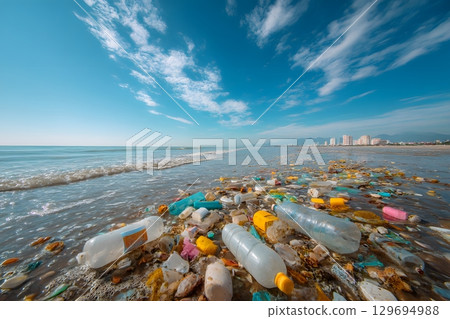 Plastic bottles and fragments heavily litter the shoreline, showing how pollution harms the world's beautiful ocean environment. 129694988
