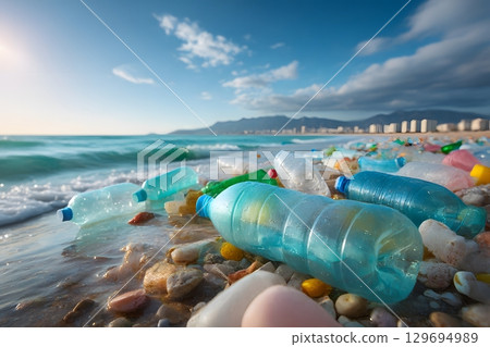 Plastic waste heavily litters the pristine world beach, harming the environment as ocean waves wash over discarded bottles and diverse debris. 129694989