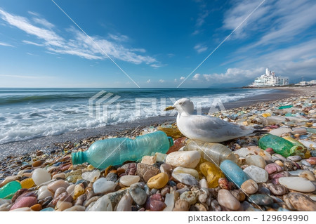 A lone seagull rests on a coastal beach, surrounded by abundant plastic debris and ocean litter, demonstrating plastic's harm to the natural world. 129694990