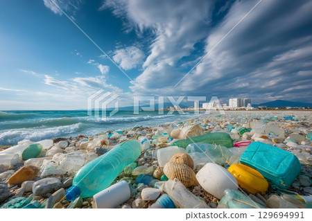 Vast amounts of plastic waste cover sandy beaches, clearly harming ocean waters and diverse global ecosystems, posing a serious worldwide environmental problem. 129694991