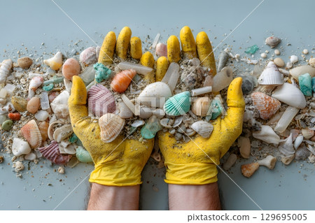 Yellow gloved hands gather scattered plastic waste and natural seashells from the ground, showing how plastic harms the world. 129695005