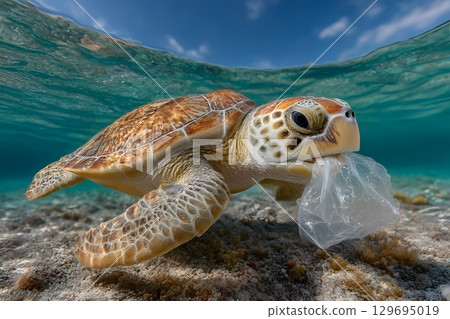 A sea turtle swims underwater, holding a clear plastic bag in its mouth. This scene highlights how plastic waste harms the ocean world. 129695019