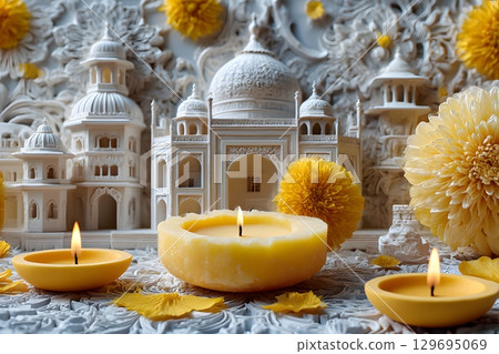 Warm glowing candles illuminate a traditional Diwali scene, surrounded by vibrant yellow flowers and ornate white architectural decor. 129695069