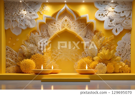 A vibrant yellow and white decoration setup features ornate floral patterns and glowing oil lamps, illuminating a traditional display for Diwali festival. 129695070