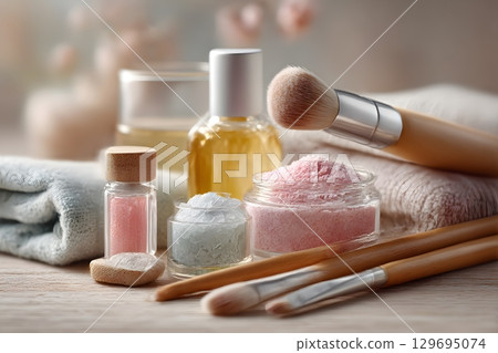 Natural skincare essentials like colorful bath salts, aromatic oils, and soft brushes are set for a relaxing beauty treatment. Natural skincare essentials like colorful bath salts, aromatic oils, and soft brushes are set for a relaxing beauty treatment. 129695074