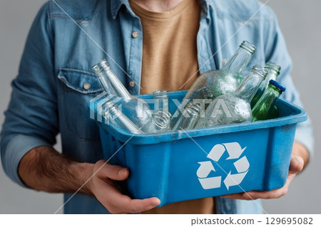 Hands firmly hold a blue container displaying the recycle symbol, filled with many clear glass bottles, ready for proper recycling. 129695082