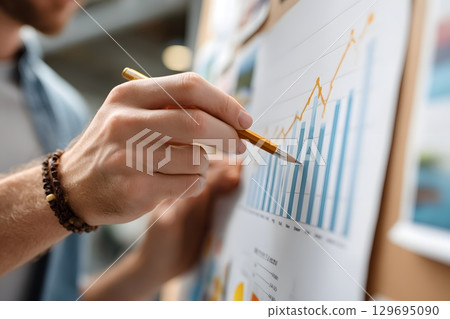 A hand holds a pencil pointing at a business chart displaying financial data growth. This illustrates strategic analysis and successful progress planning. 129695090