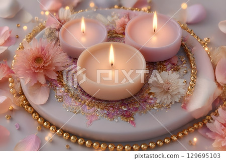 Three lit candles glow brightly on a beautiful decorative plate, surrounded by delicate pink flowers and golden beads, perfect for Diwali celebrations. 129695103