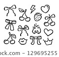 Ribbon bow, cherry, heart shape, kissing lips, flame, strawberry, queen crown. Whimsical coquette hand drawn doodle contour drawing Ribbon bow, cherry, heart shape, kissing lips, flame, strawberry, queen crown. Whimsical coquette hand drawn doodle contour drawing 129695255