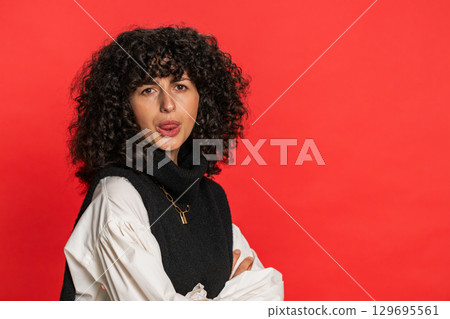 Offended young woman having misunderstanding, frustrated after quarrel, ignores communication, talk Offended young woman having misunderstanding, frustrated after quarrel, ignores communication, talk 129695561