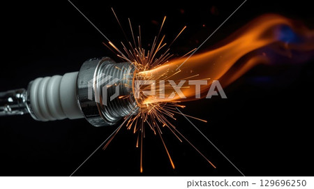 Concept of single engine sparkplug igniting gasoline or diesel fuel fumes. Vivid flames against black background. Mechanical engineering power and fire beauty. Internal combustion engine component.  129696250