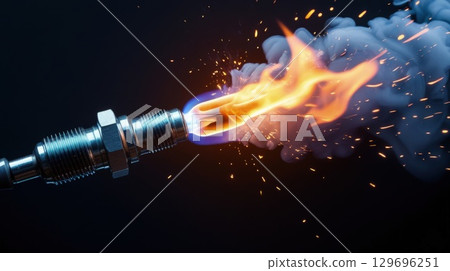 Concept of single engine sparkplug igniting gasoline or diesel fuel fumes. Vivid flames against black background. Mechanical engineering power and fire beauty. Internal combustion engine component.  129696251