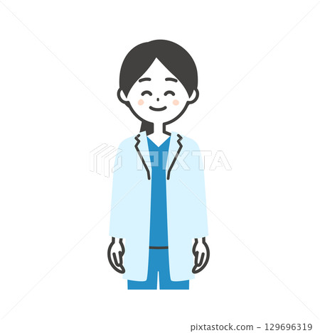 一位身穿手術服和白大褂的微笑女醫生的插圖 一位身穿手術服和白大褂的微笑女醫生的插圖 129696319