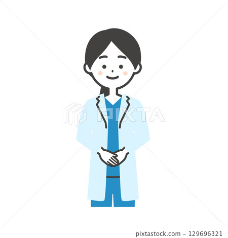 一位身穿手術服和白大褂的女醫生雙手交叉放在身前 一位身穿手術服和白大褂的女醫生雙手交叉放在身前 129696321