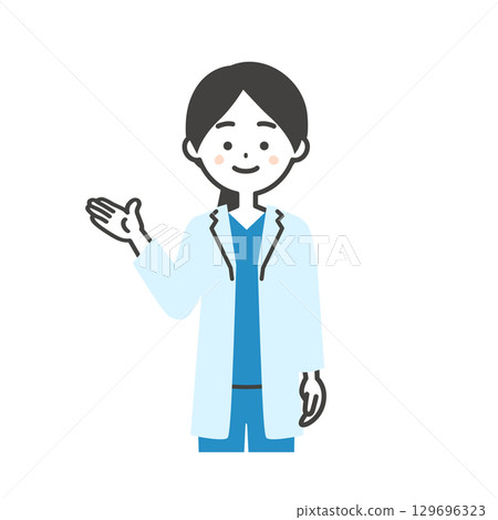 一位身穿手術服和白大褂的女醫生用手指著的插圖 129696323