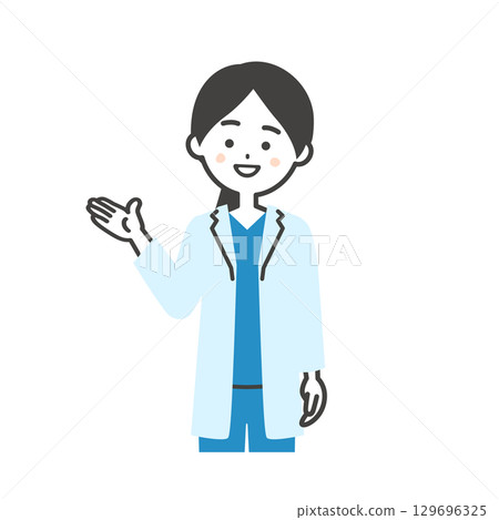 Illustration of a female doctor in a scrub and white coat pointing in the direction of her hand Illustration of a female doctor in a scrub and white coat pointing in the direction of her hand 129696325