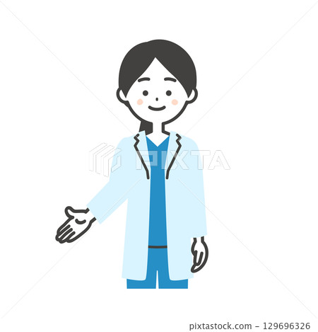 一位身穿手術服和白大褂的女醫生向下指的插圖 129696326