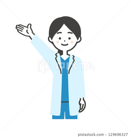 Illustration of a female doctor in a scrub and white coat pointing upwards 129696327